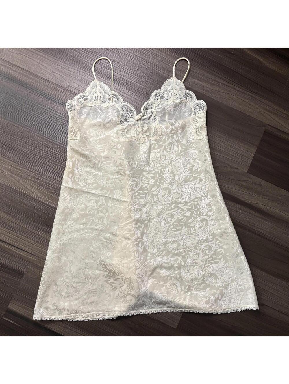 Vintage Lucie Ann Chemise Slip Lace Satin Nighty Babydoll Size Small Beige
